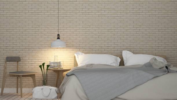 istock Bedroom room interior space corner of bed and Decorative wall in hotel - 3d rendering minimal style 876998950
