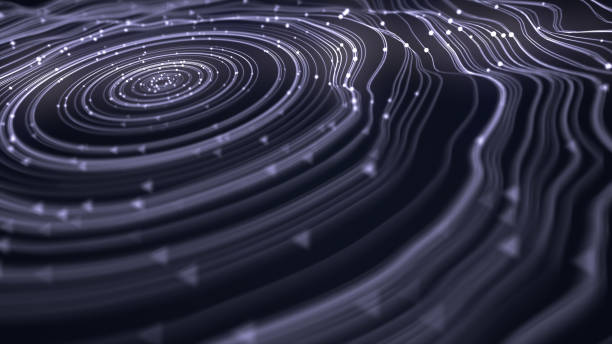 istock Magic wavy rings with small beads on a dark background. 3d rendering 877001172