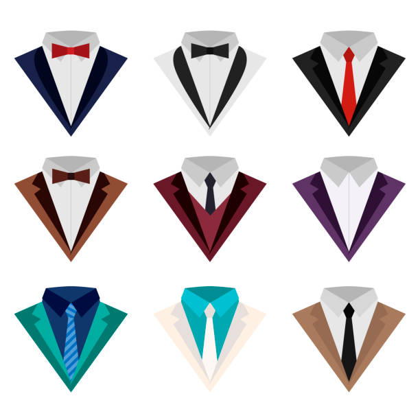 A set of colorful icons of suit and tuxedo A set of colorful icons of suit and tuxedo, flat style isolated on white background. Vector illustration of holiday and classic suits. Clothes with a tie or a butterfly. necktie businessman collar tied knot stock illustrations