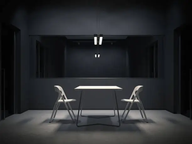 Dark room for interrogation with two white chairs. 3d rendering