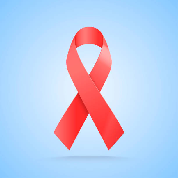 illustrazioni stock, clip art, cartoni animati e icone di tendenza di nastro rosso realistico. simbolo della giornata mondiale dell'aids su sfondo blu. illustrazione vettoriale - aids awareness ribbon ribbon bow cut out