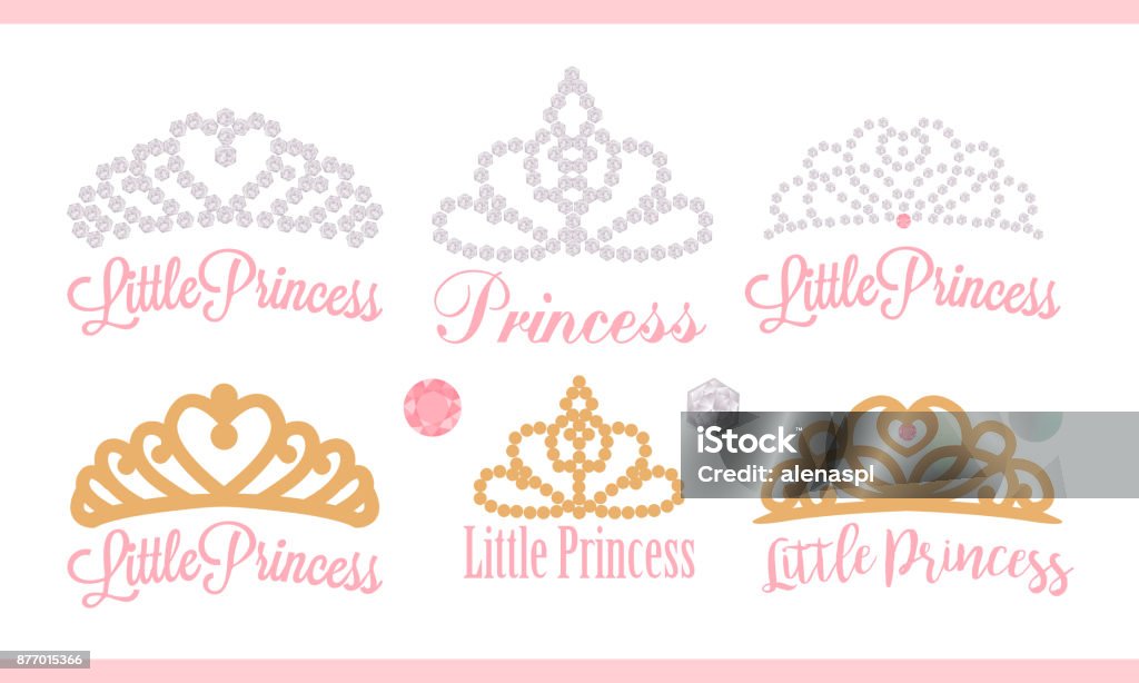 Un ensemble de petits diadèmes. Élément de design vectoriel pour fête royale (bébé, douche nuptiale ; de mariage : anniversaire) Couronne de princesse or avec gem. - clipart vectoriel de Princesse libre de droits