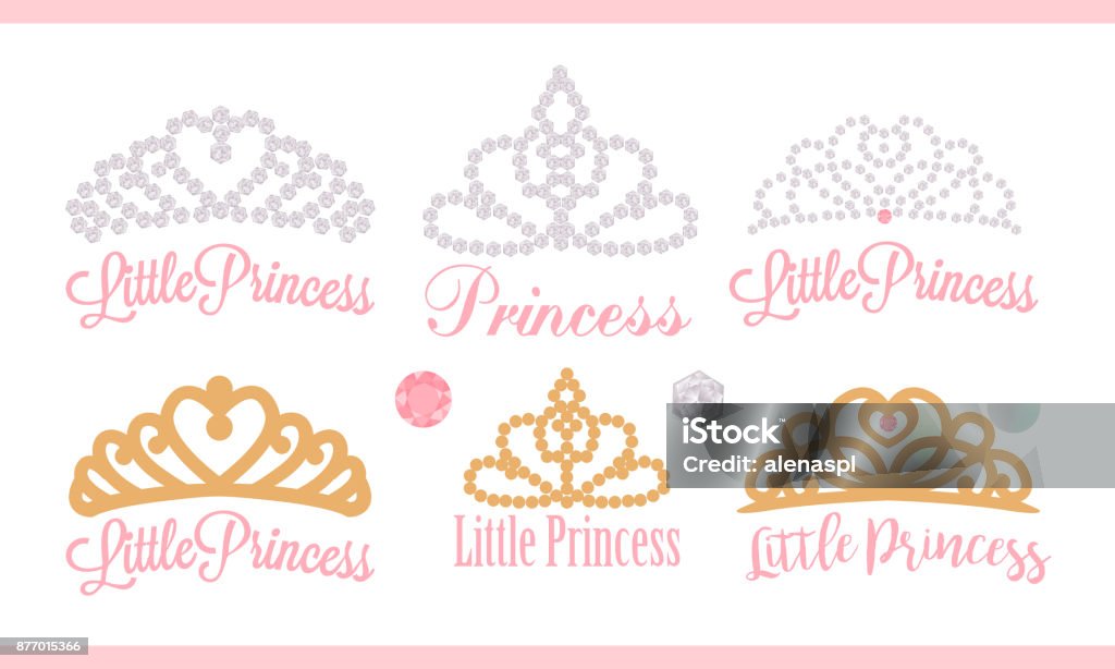 A set of small diadems. Vector design element for royal party ( baby, bridal shower; wedding: birthday) Princess gold crown with gem. Golden silhouettes for laser cutting. Stickers of diamonds. Gems Princess stock vector