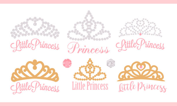 A set of small diadems. Vector design element for royal party ( baby, bridal shower; wedding: birthday) Princess gold crown with gem. Golden silhouettes for laser cutting. Stickers of diamonds. Gems tiara stock illustrations