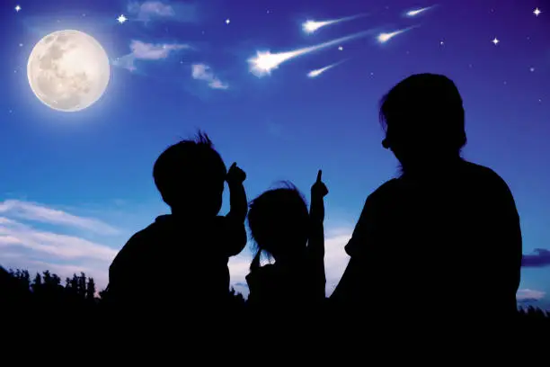 Photo of Silhouette of happy family sitting and looking sky at comets.