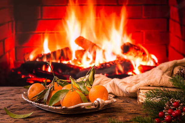 istock Tray with tangerine in front of fireplace 877019230