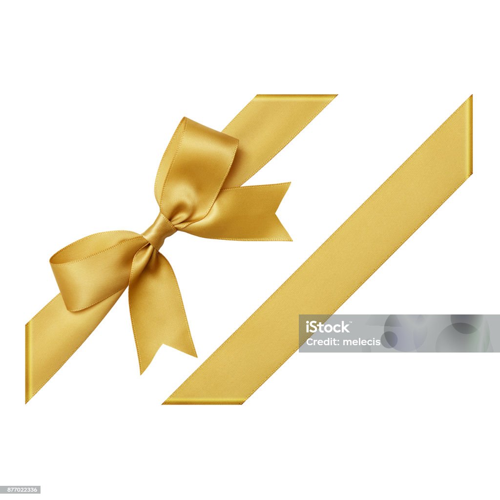 Gold gift ribbon tied in a bow on white background, cut out top view Gold color, Ribbon - Sewing Item, Tied Bow, Gift, Tied Knot, cut out Ribbon - Sewing Item Stock Photo
