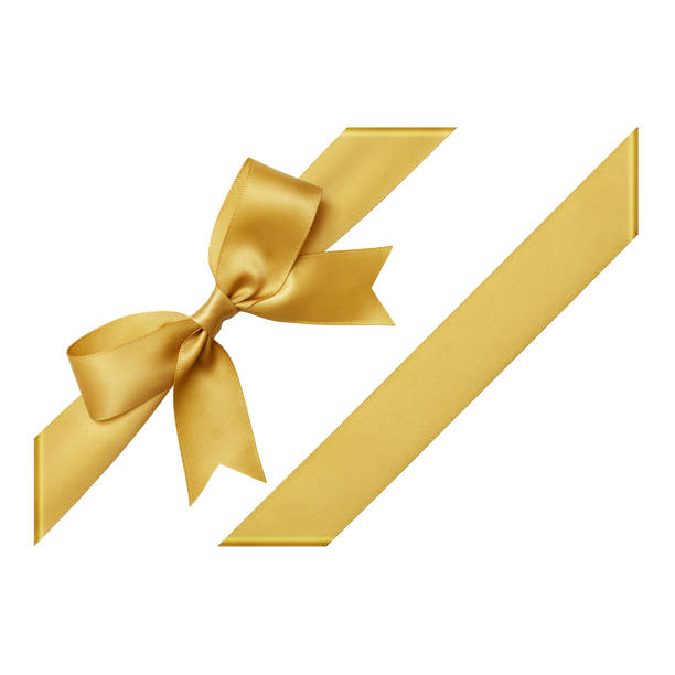 Gold gift ribbon tied in a bow on white background, cut out top view Gold color, Ribbon - Sewing Item, Tied Bow, Gift, Tied Knot, cut out ribbon sewing item photos stock pictures, royalty-free photos & images