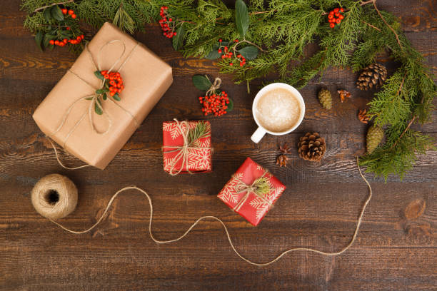 istock Christmas concept flat lay on wooden board 877022898