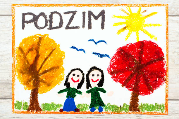 фото красочного рисунка: чешское слово осень, счастливые девушки и деревья с оранжевыми и красными листьями - twin falls стоковые фото и изображения