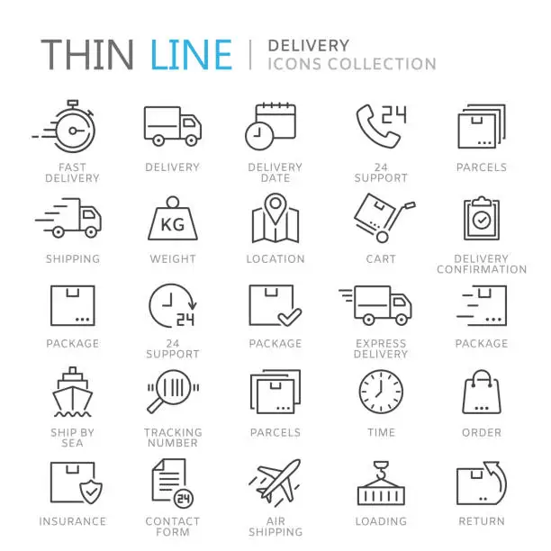 Vector illustration of Collection of delivery thin line icons