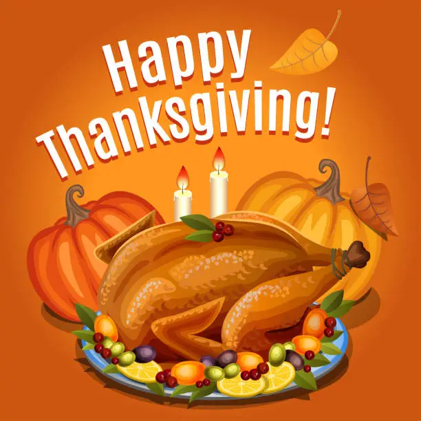 Vector illustration of Thanksgiving Turkey on platter with garnish and orange pumpkin, roast turkey dinner. Vector illustration.