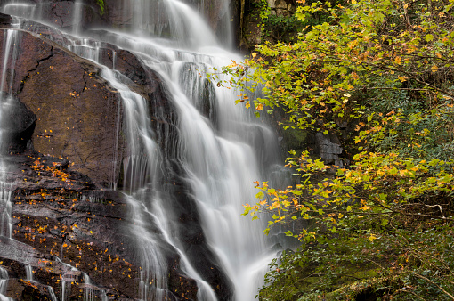 Eastatoe Falls is a beautiful 60 foot waterfall near Rosman North Carolina.Seen here in autumn. This is just a small portion of the falls showing the twist and turns of the water as it flows down.