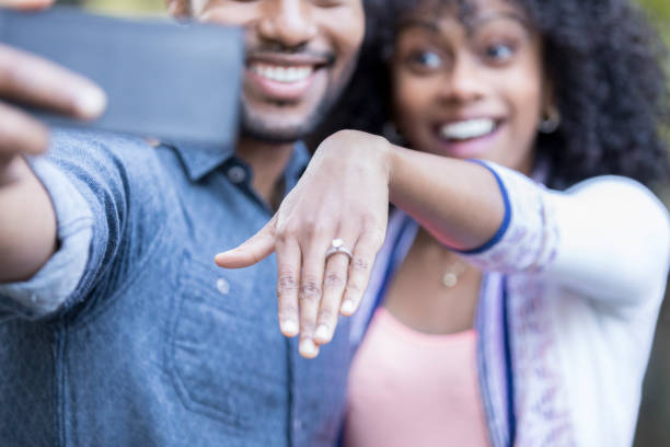 istock Newly engaged couple show off engagement ring 877034500