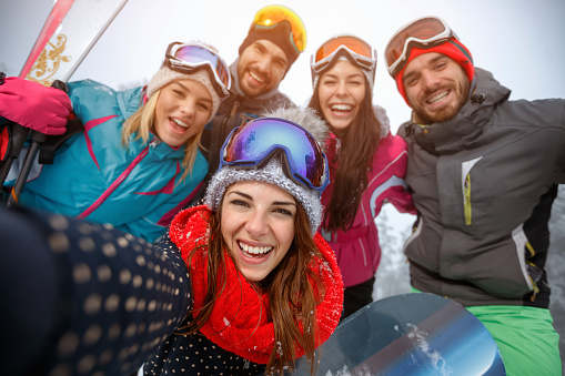 Group of smiling friends having fun on the snow and making selfie