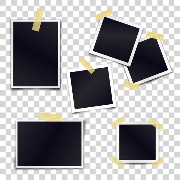 Vector Collection of blank photo frames sticked on duct tape to transparent background. Template mockups for design. Vector Collection of blank photo frames sticked on duct tape to transparent background. Template mockups for design sticky photos stock illustrations
