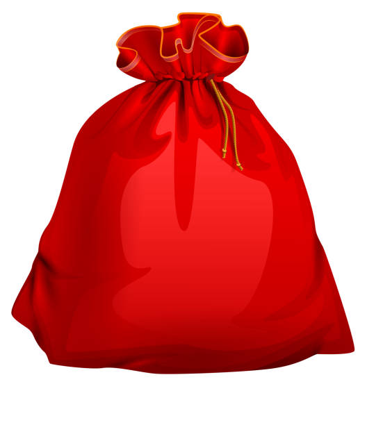 red band geschlossen voll santa tasche mit geschenken. weihnachten zubehör - santas bag stock-grafiken, -clipart, -cartoons und -symbole