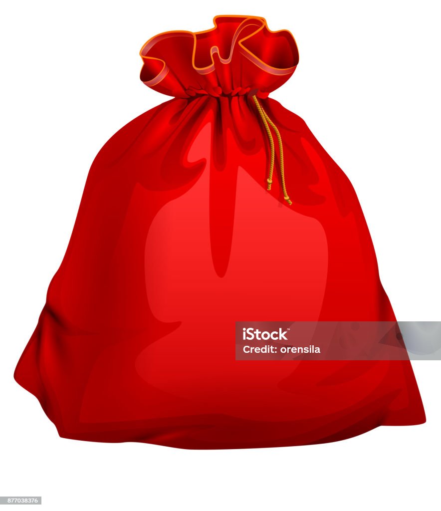 Red tied closed full santa bag with gifts. Christmas accessory Red tied closed full santa bag with gifts. Christmas accessory. Isolated on white vector cartoon xmas illustration Santa Claus stock vector