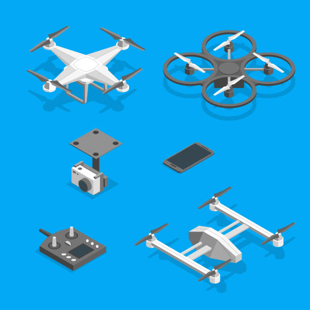ilustrações de stock, clip art, desenhos animados e ícones de drones and equipment technology control set isometric view. vector - ideogram