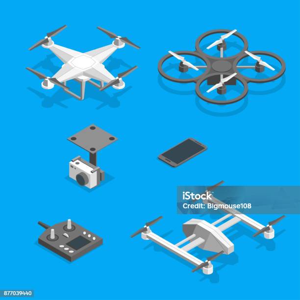 Drones And Equipment Technology Control Set Isometric View Vector Stock Illustration - Download Image Now