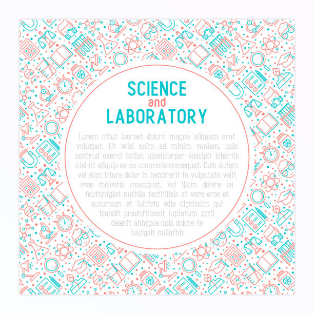 koncepcja naukowa i laboratoryjna z cienką linią ikon naukowca, dna, mikroskopu, łusek, magnesów, respiratora, lampy spirytusowej. ilustracja wektorowa baneru, strony internetowej, nośników drukowanych. - beaker laboratory weight scale physics stock illustrations