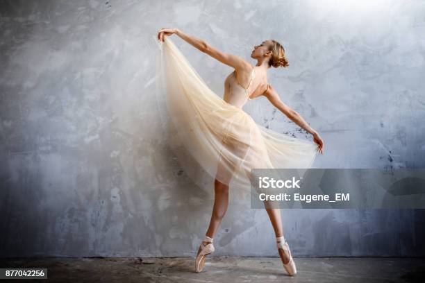 Young Ballerina In A Golden Colored Dancing Costume Is Posing In A Loft Studio Stock Photo - Download Image Now