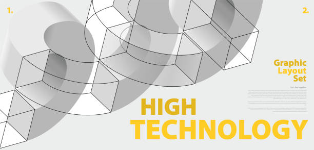 Graphic layout set with abstract curved vector shape, reminiscent of technological development, nanotechnology component. Isometric brand high technology institution, research center, laboratories.