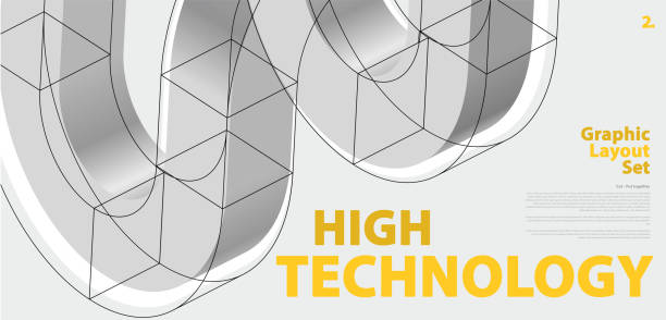 Graphic layout set with abstract curved vector shape, reminiscent of technological development, nanotechnology component. Isometric brand high technology institution, research center, laboratories.