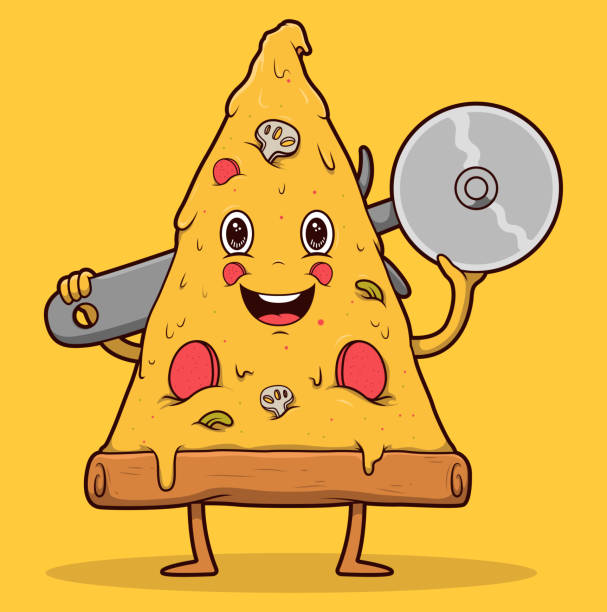 Pizza Character holding a Slicer Conceptual illustration representing A cute pizza character taco-drawing stock illustrations