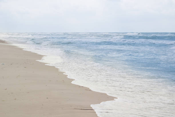 istock Empty sandy sea coast sea view, cloudy colourful sunrise skyview 877049804