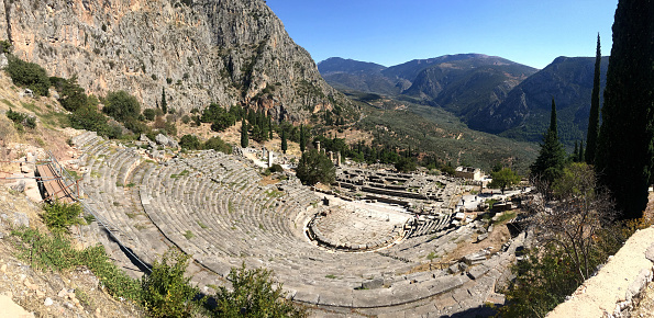 The view on amphitheater, in the archaeological site of Delphi, Greece.