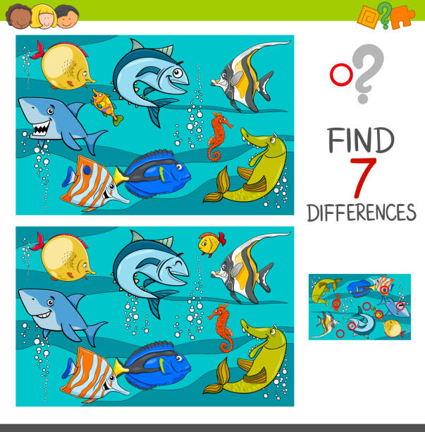differences game with fish characters Cartoon Illustration of Finding Differences Between Pictures Educational Activity Game with Fish Animal Characters in the Sea office parties stock illustrations