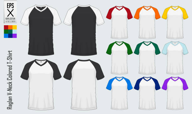 raglan v-neck t-shirty szablony. zestaw kolorowych makiet koszulek z rękawem z widokiem z przodu i z tyłu do baseballu, piłki nożnej, piłki nożnej, odzieży sportowej lub casual. wektor - t shirt shirt white men stock illustrations