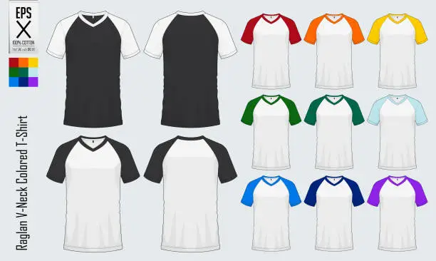 Vector illustration of Raglan V-neck t-shirts templates. Set of colored sleeve jersey mockup in front view and back view for baseball, soccer, football , sportswear or casual wear. Vector