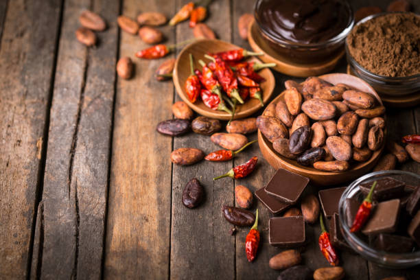 istock Cocoa beans and dark chocolate with chili peppers 877057228