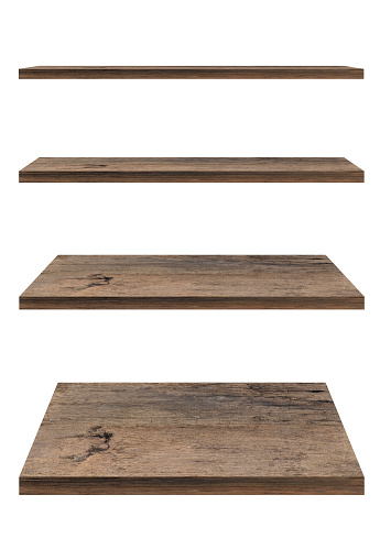 Wooden shelf template set isolated on white background with clipping path. For decorated interior or montage of your product on shelf.