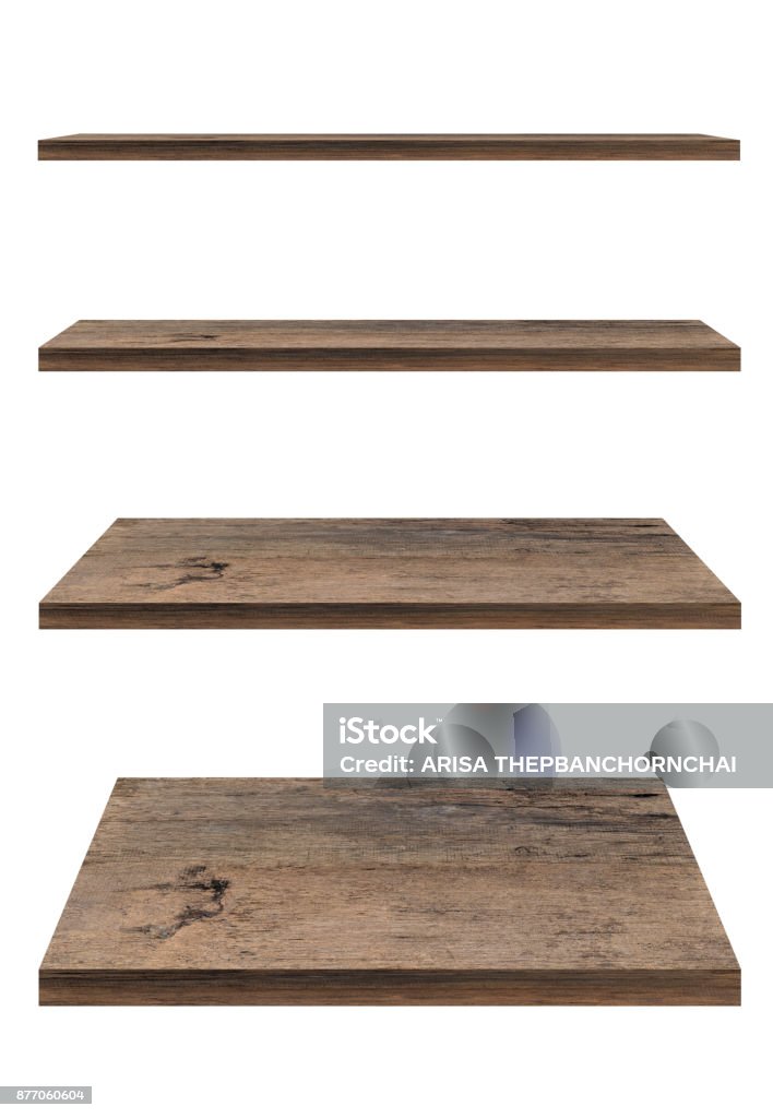 Wooden shelf template set isolated on white background with clipping path. For decorated interior or montage of your product on shelf. Shelf Stock Photo