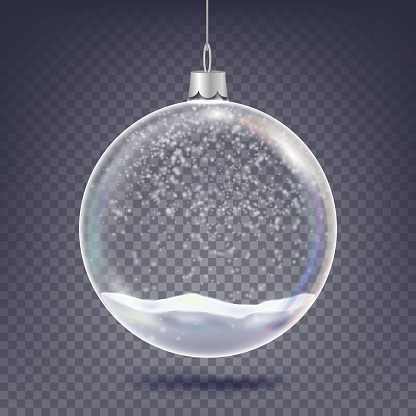 Christmas Ball Vector. Classic Xmas Tree Glass Decoration Element. Shining Snow, Snowflake. 3D Realistic. Isolated