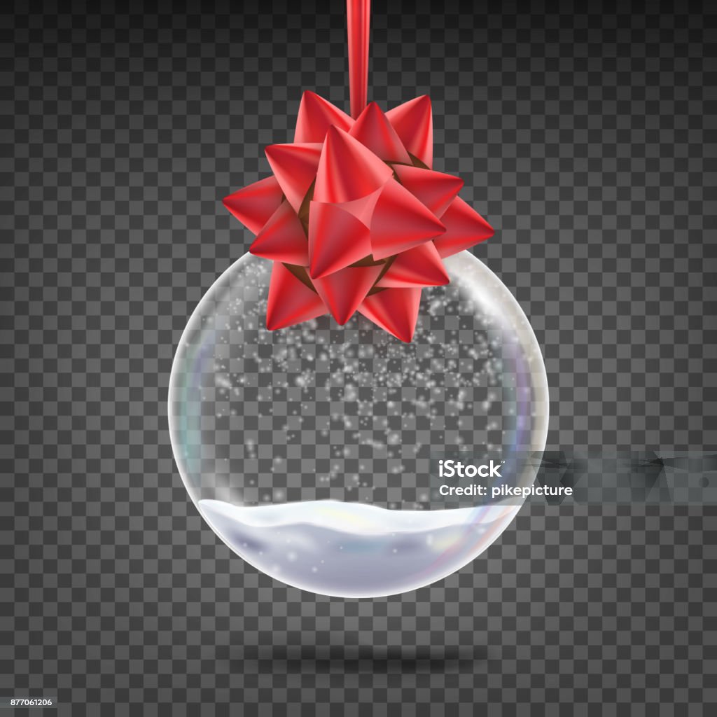 Realistische Christmas Ball Vektor. Glänzendes Glas Weihnachten Urlaub Baum Spielzeug mit Schneeflocke und roter Schleife. Auf transparenten Hintergrund Illustration isoliert - Lizenzfrei Christbaumkugel Vektorgrafik