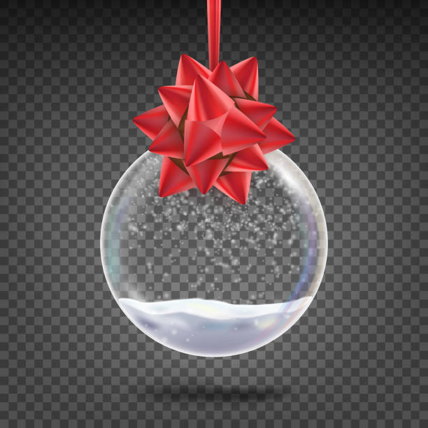 Realistic Christmas Ball Vector. Shiny Glass Xmas Holidays Tree Toy With Snowflake And Red Bow. Isolated On Transparent Background Illustration Realistic Christmas Ball Vector. Shiny Glass Xmas Holidays Tree Toy With Snowflake And Red Bow. Isolated greeting card white decoration glitter stock illustrations