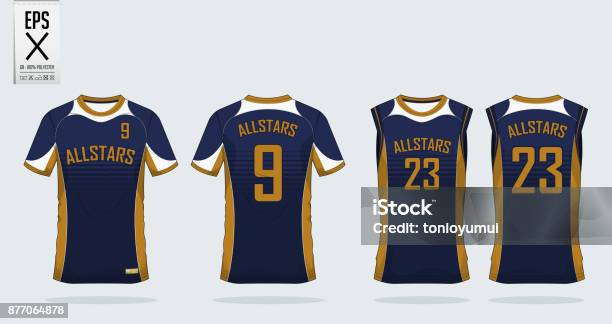 Blue And Gold Tshirt Sport Design Template For Soccer Jersey Football Kit And Tank Top For Basketball Jersey Sport Uniform In Front View And Back View Tshirt Mock Up For Sport Club Vector Stock Illustration - Download Image Now