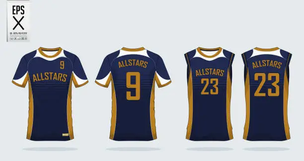 Vector illustration of Blue and gold  t-shirt sport design template for soccer jersey, football kit and tank top for basketball jersey. Sport uniform in front view and back view. T-shirt mock up for sport club. Vector