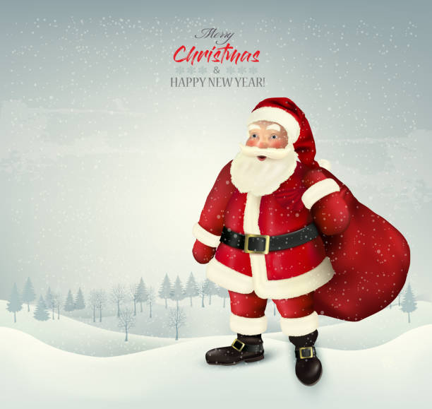 istock Christmas holiday background with Santa Claus holding a sack 877069460