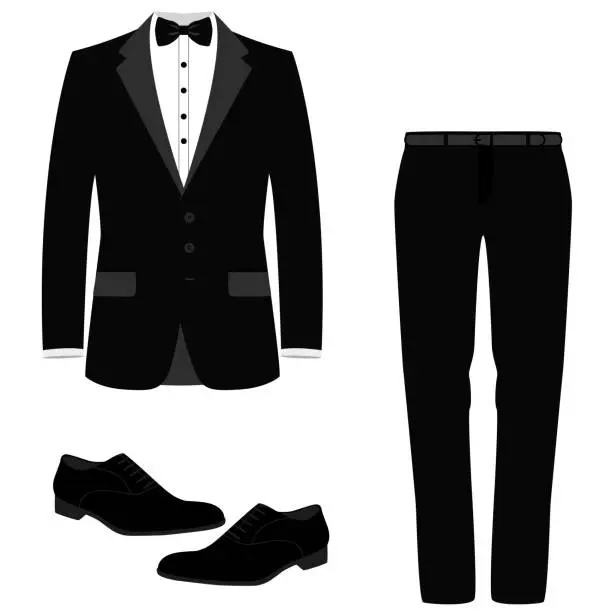 Vector illustration of Wedding men's suit with shoes, tuxedo.