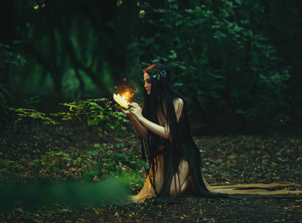 uma fabuloso, ninfa da floresta com cabelo comprido - fairy forest women magic - fotografias e filmes do acervo