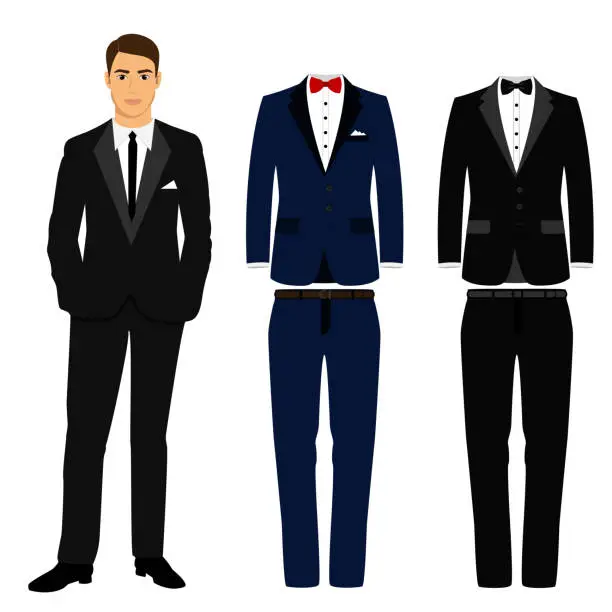 Vector illustration of Wedding men's suit and tuxedo. Collection.