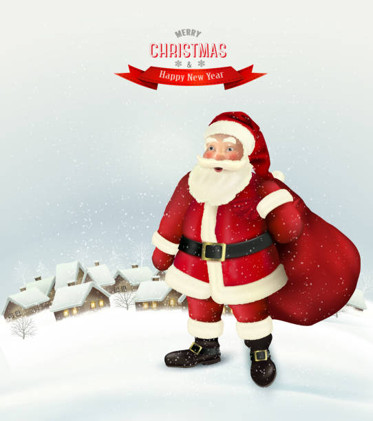 istock Christmas holiday background with Santa Claus holding a sack 877072932