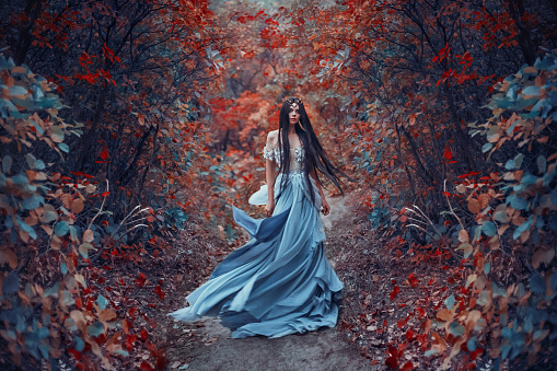 Mysterious sorceress in a beautiful blue dress. Her hair and dress are fluttering in the wind. Background bright, autumn, fiery forest with cold tones. Artistic Photography