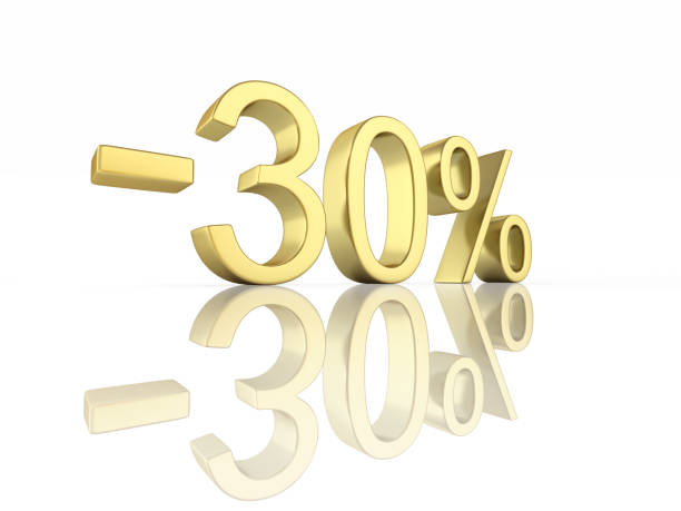 istock Gold text 30 percent off on white background with reflection 3D render 877080304