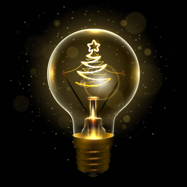 Realistic lamp with the symbol Realistic lamp with the symbol of christmas tree instead of the filament of incandescence, isolated on a dark background, vector illustration perfect gift stock illustrations